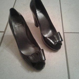 Stuart Weitzman black paten open toed heels
